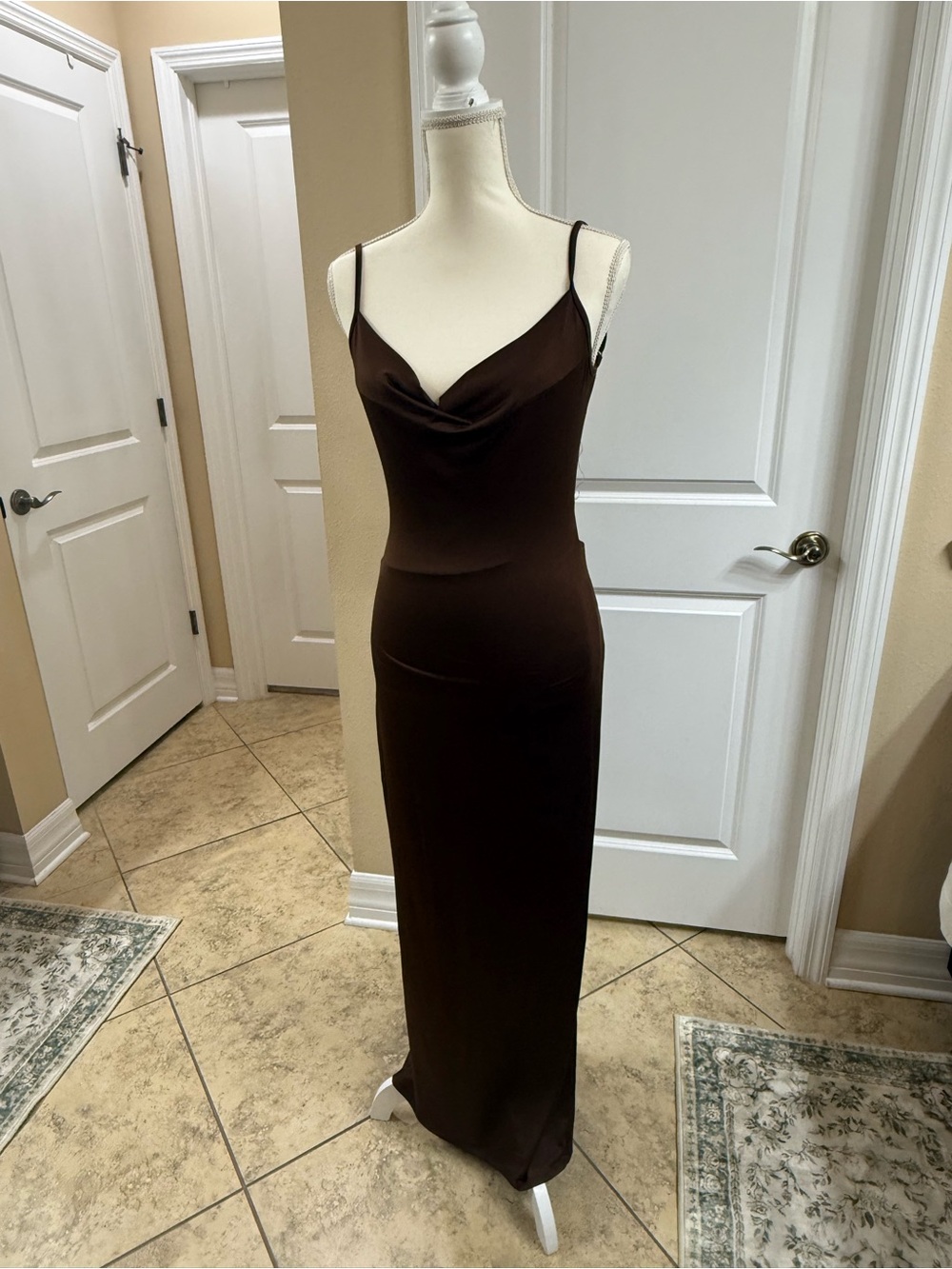Satin Cowl Neck Slip Dress in Dark Brown